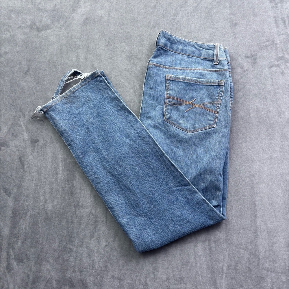 Faded Glory Womens Straight Leg Jeans Blue Medium Wash Size 16A Distressed Hem